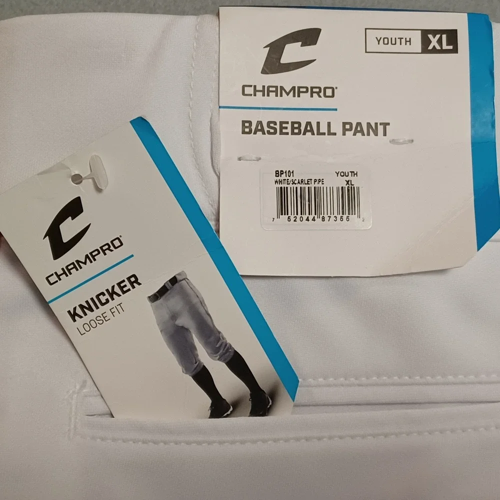 Champro Youth XL Baseball Pants White Scarlet Red Pipe Knicker‎ Loose Fit BP101